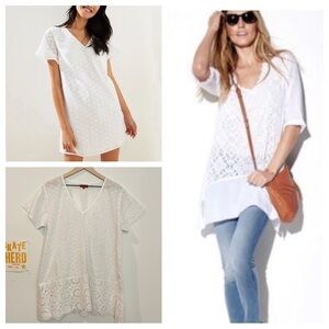 Saffire white short sleeve oversized V neck eyelet‎ tunic top mini dress